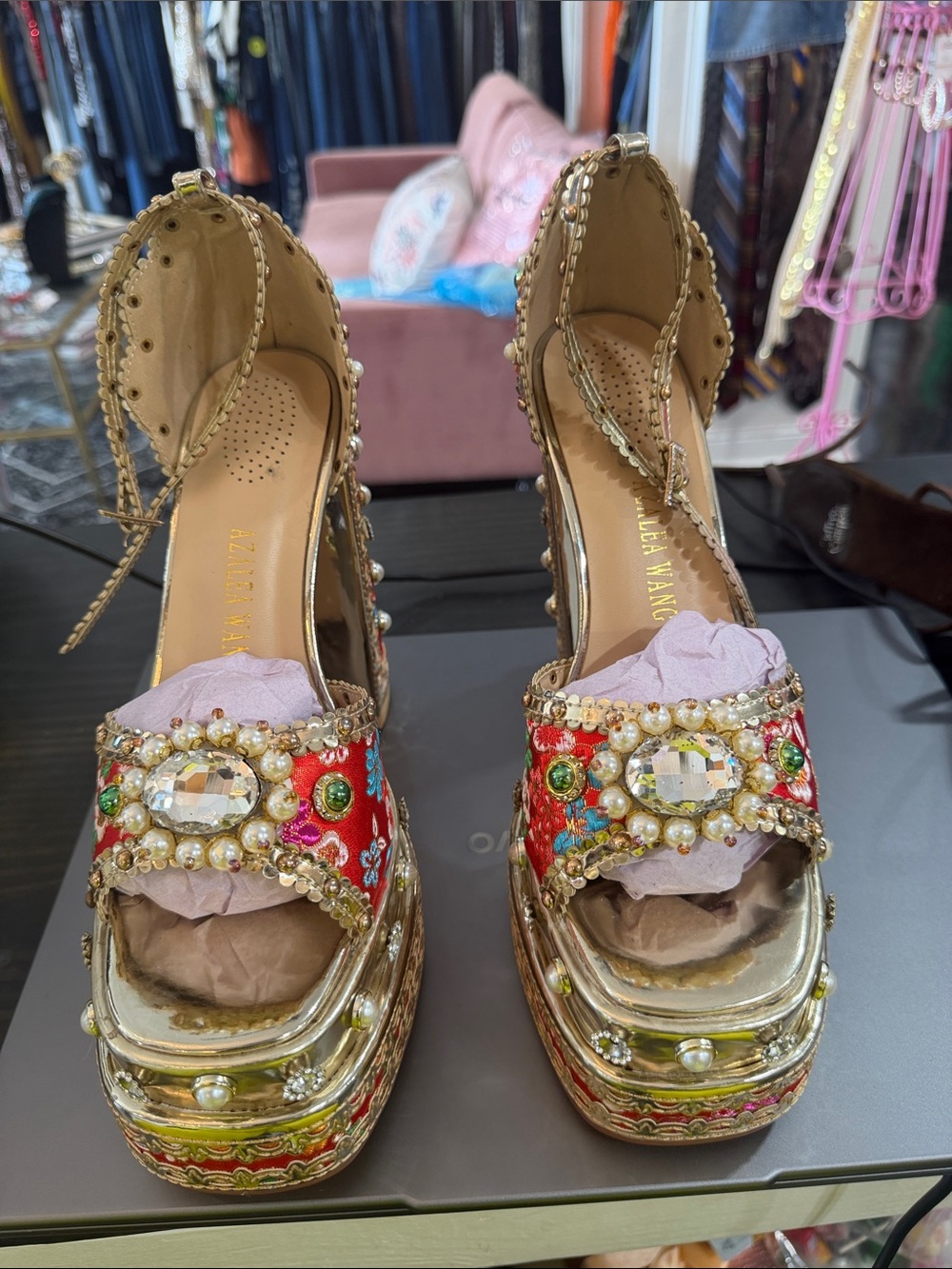 Embellished Red Platform Peep-Toe Heels by AZALEA WANG 7